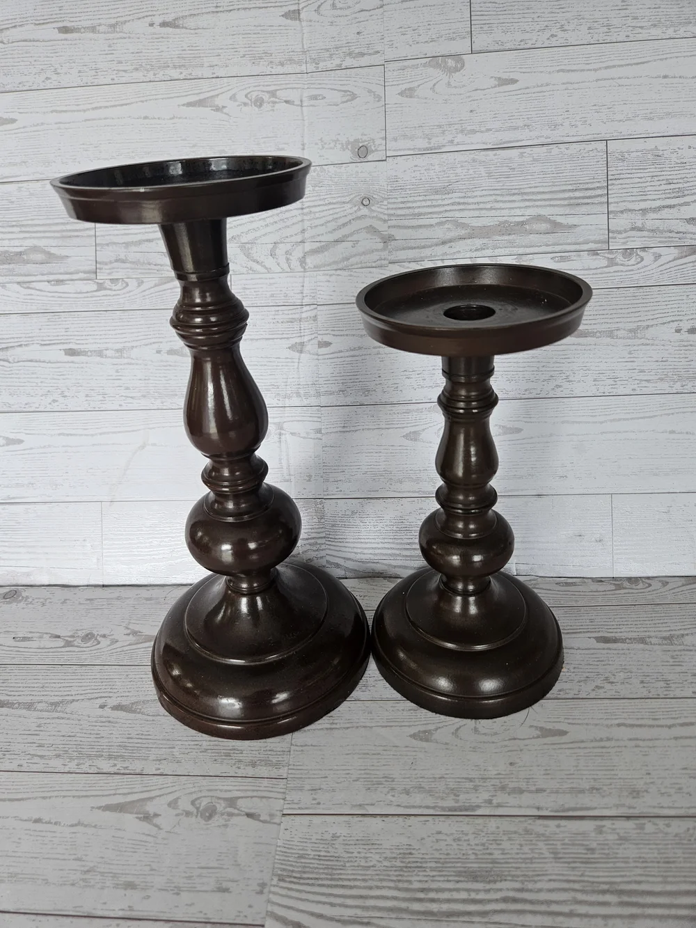 Pottery Barn Dark Brown Turned Wood Candle Pedestals, Set of 2
